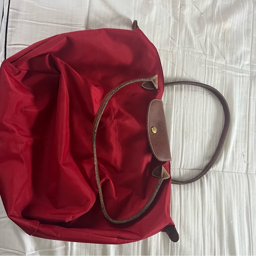 Longchamp Red Tote with Brown Trim